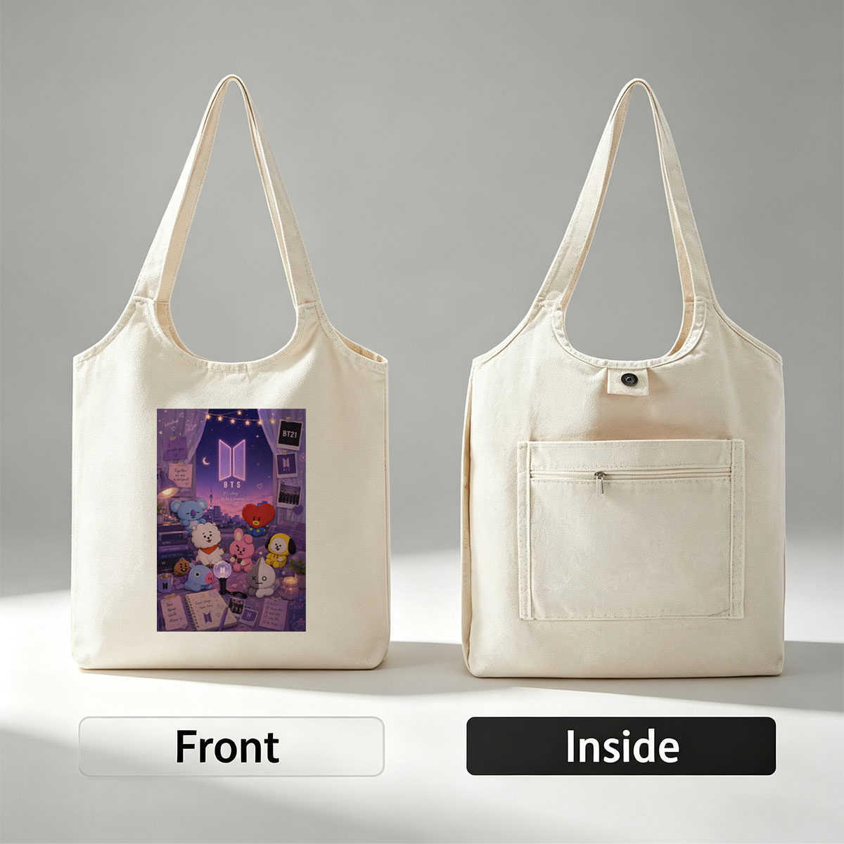 BTS BT21 Characters in a Cozy Room with City View and Dreamy Night Sky Decor - Canvas shoulder bags/