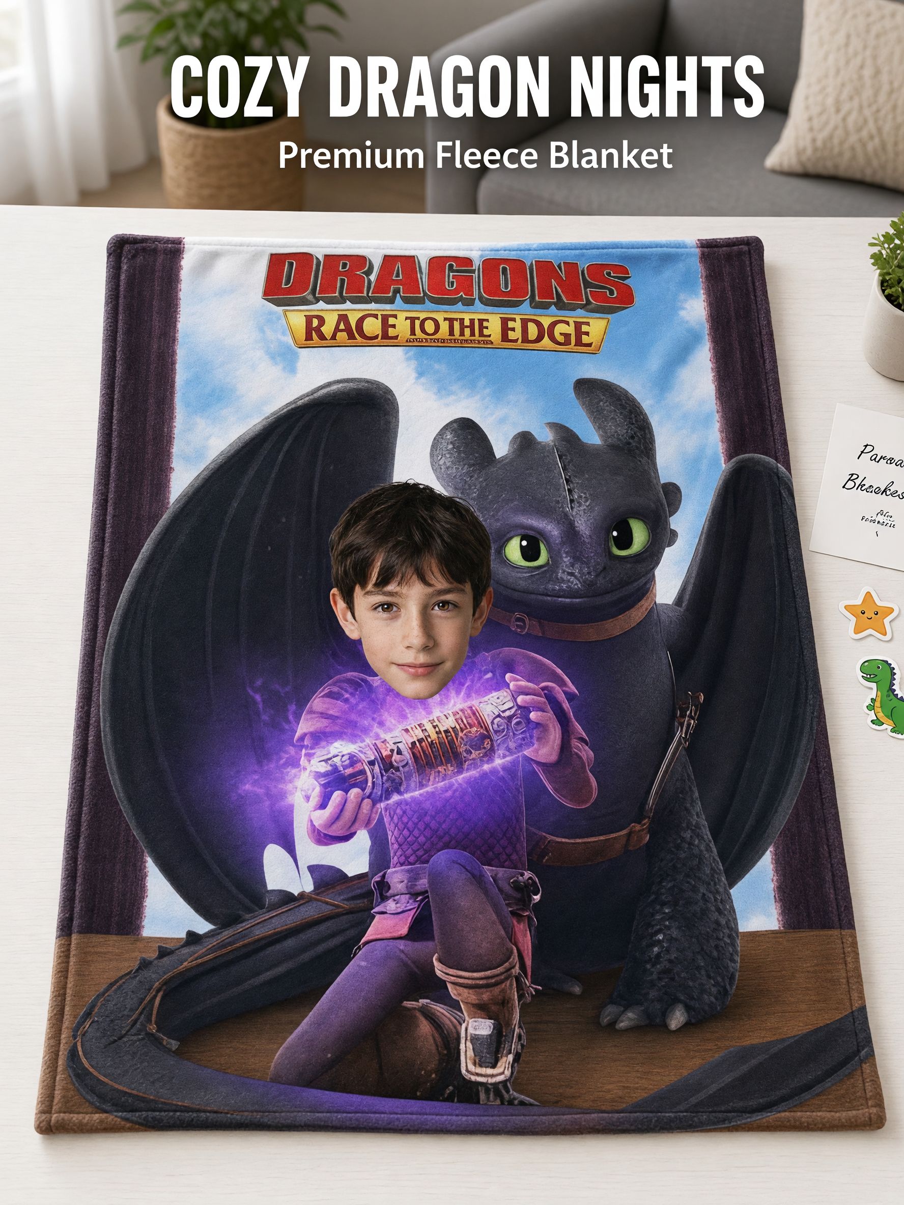 Custom Face Photo Dragon Flannel Blanket, Personalized Plush Fleece Throw for Kids and Movie Fans, Ideal Cozy Gift