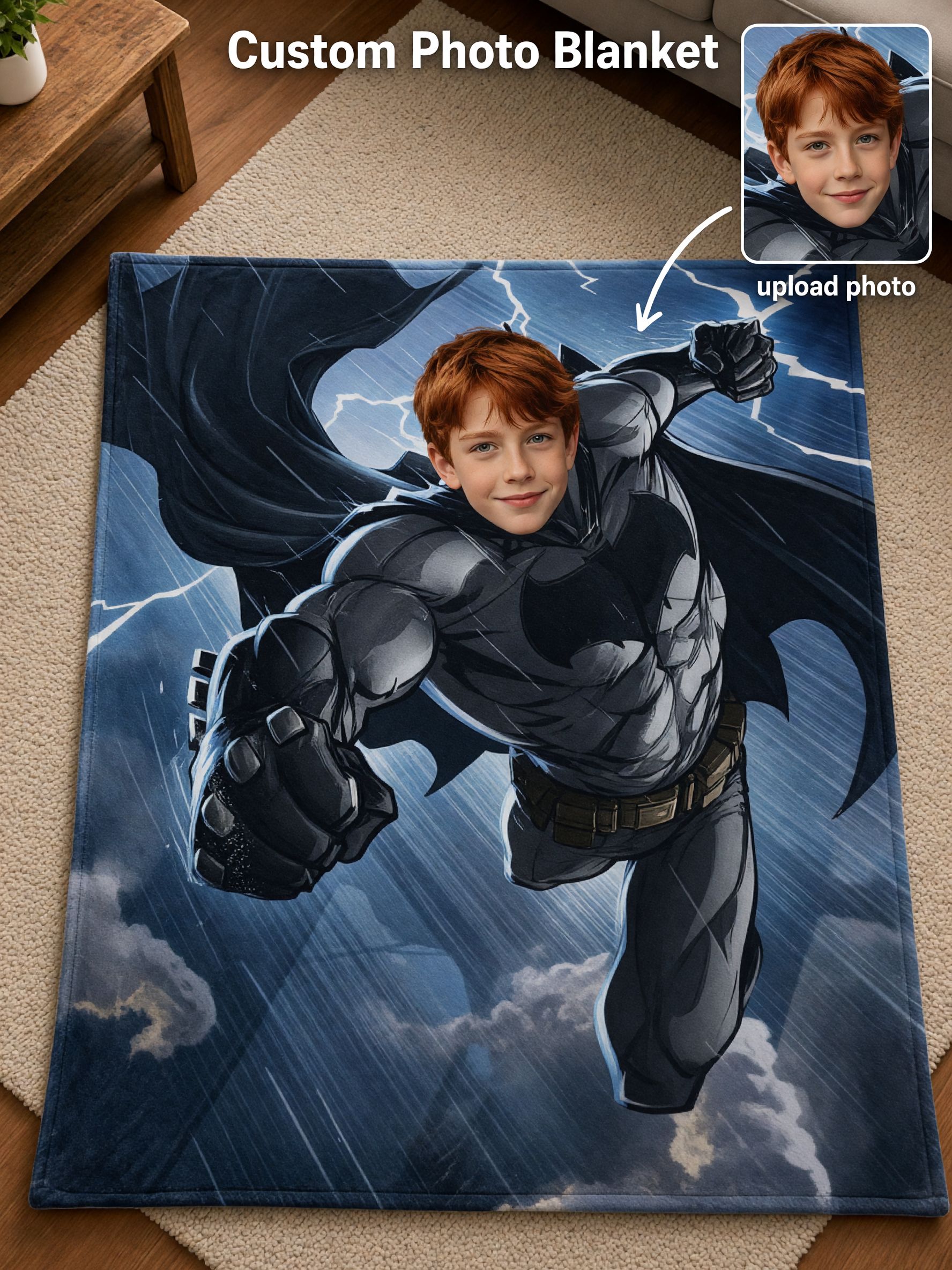 Custom Face Superhero Flannel Blanket Personalized Photo Throw Cozy Anti-Pilling Fleece Bed Couch Travel Gift