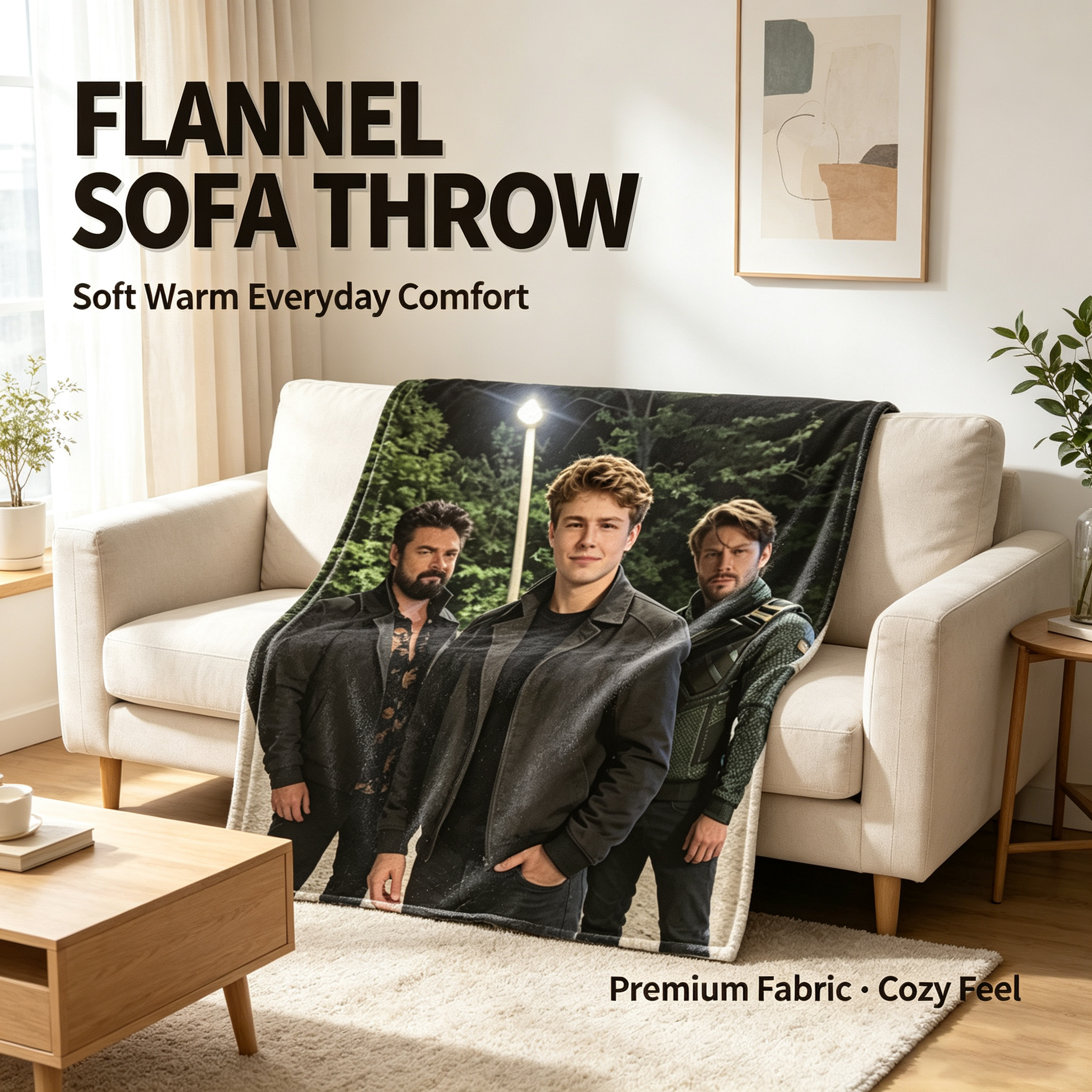 Custom Face Blanket Featuring Three Men in Stylish Outfits Standing Outdoors at Night Flannel Blanket Perfect for Cozy Nights and Unique Gift/Giveaway