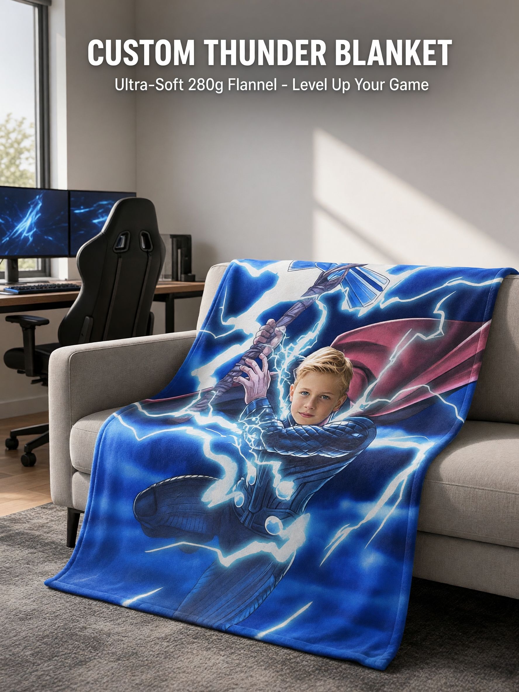 Custom Face Superhero Flannel Blanket, Personalized Photo Lightning Throw for Kids, Soft Cozy Bed Couch Gift