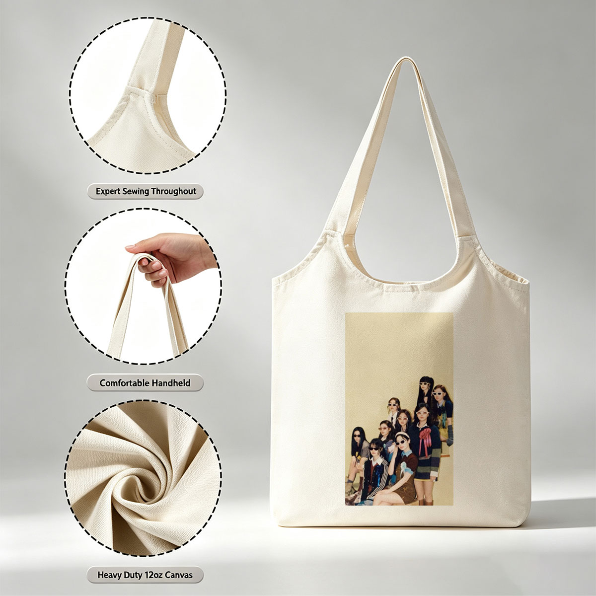 NewJeans Group Photo in Stylish Vintage Outfits with Sunglasses and Floral Accents - Canvas shoulder bags/