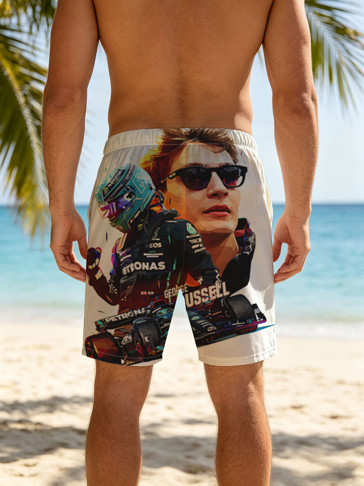 George Russell F1 Driver in Petronas Racing Gear with Formula 1 Car -  Beach shorts