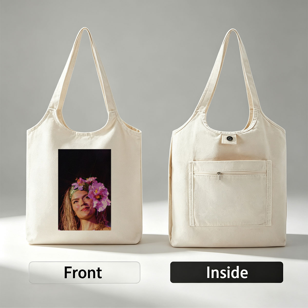 Rita Ora Wearing a Floral Headpiece at a Performance - Canvas shoulder bags/