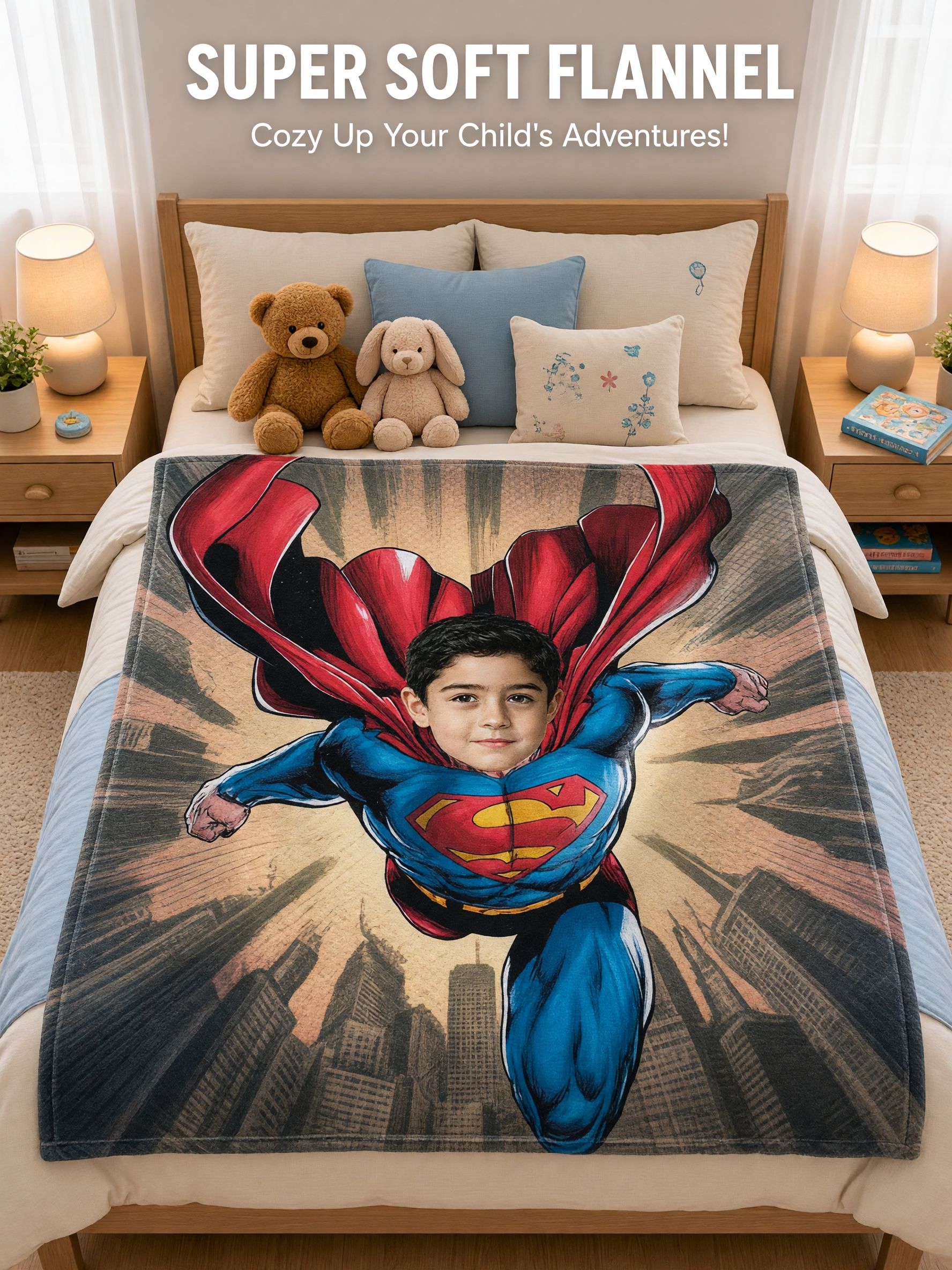 Personalized Superhero Face Photo Flannel Fleece Blanket, Ultra Soft Custom Picture Throw for Kids and Family Gift