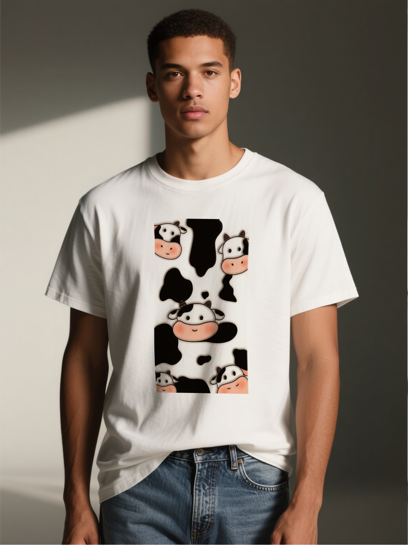 Men's Printed T-Shirt with Cute Cow Pattern and Black White Spots, Casual Round Neck Summer Lightweight Breathable Short Sleeve T-Shirt for Everyday Wear, Farm Theme Outfit for Adults and Teens