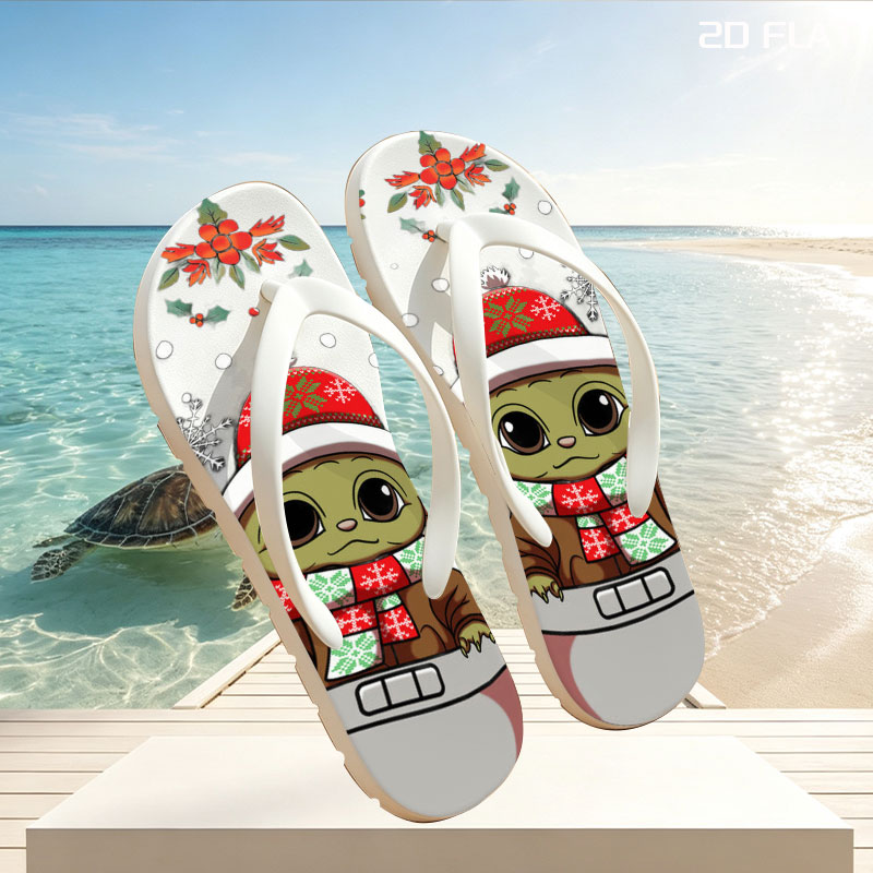 Baby Yoda in Christmas Hat and Scarf, Surrounded by Holiday Decorations -  flip-flops