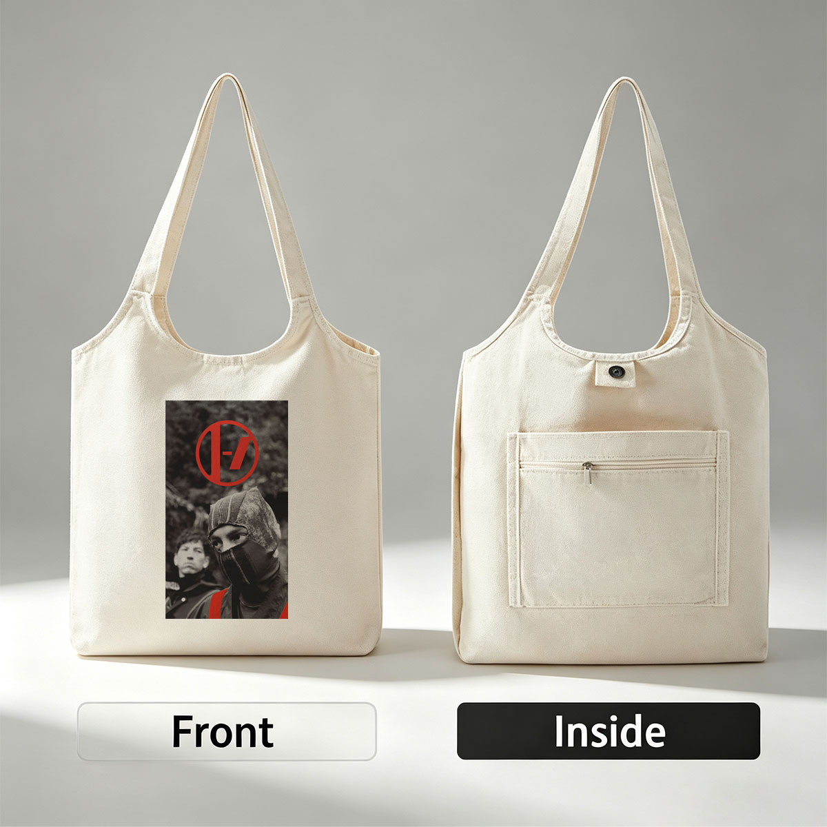 Linkin Park Band Member in Black and White with Red Logo and Balaclava Scene - Canvas shoulder bags/