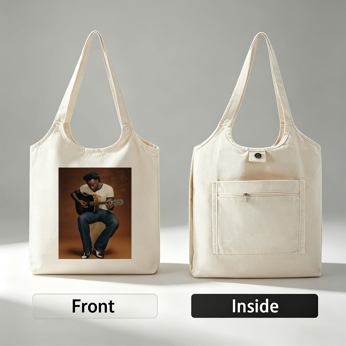 Khalid Playing Acoustic Guitar in Studio Portrait - Canvas shoulder bags/