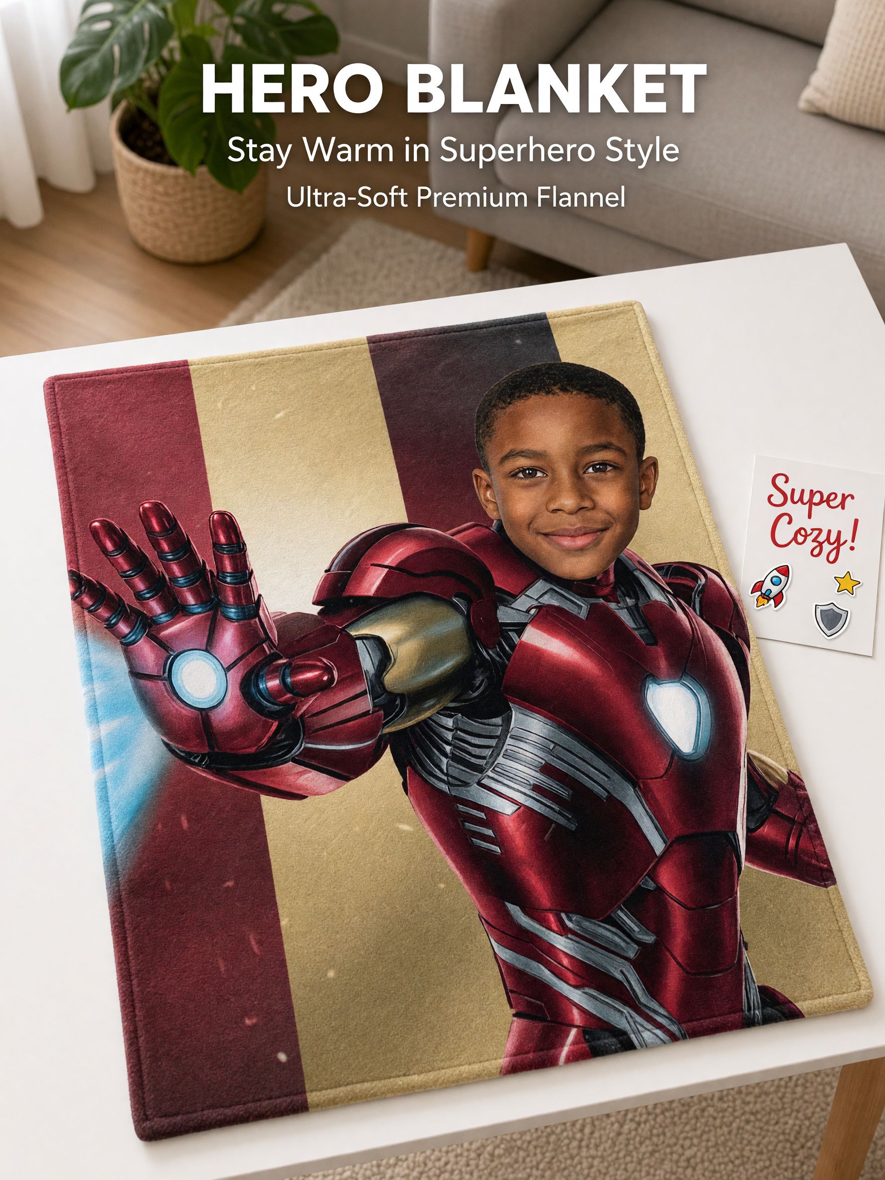 Custom Face Superhero Flannel Blanket Personalized Photo Throw Cozy Plush Fleece Bedding for Kids and Hero Fans