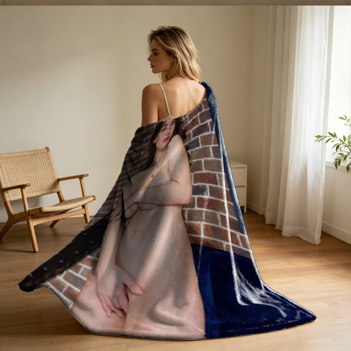 Nude Japanese Woman Covered in Sashimi on Tatami Mat - Blanket