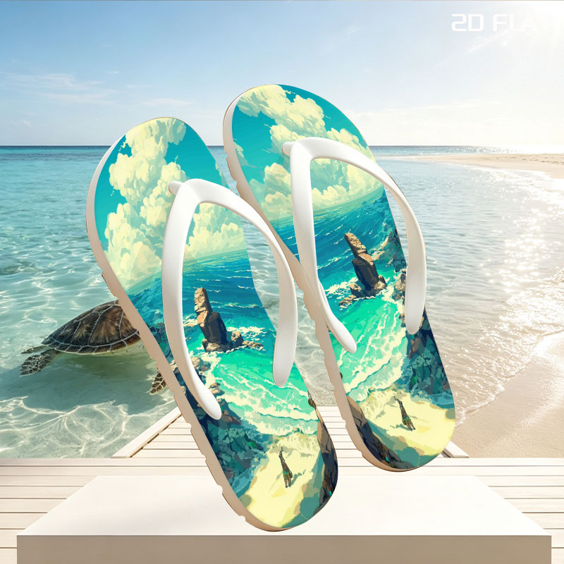 Coastal Landscape with Rocky Shore and Sailboat -  flip-flops