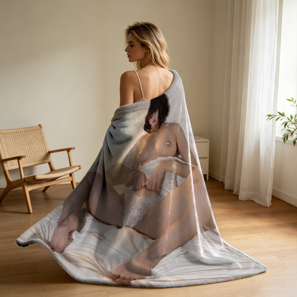 A woman in a black striped off-shoulder shirt and sheer stockings sits in a bathtub. - Blanket