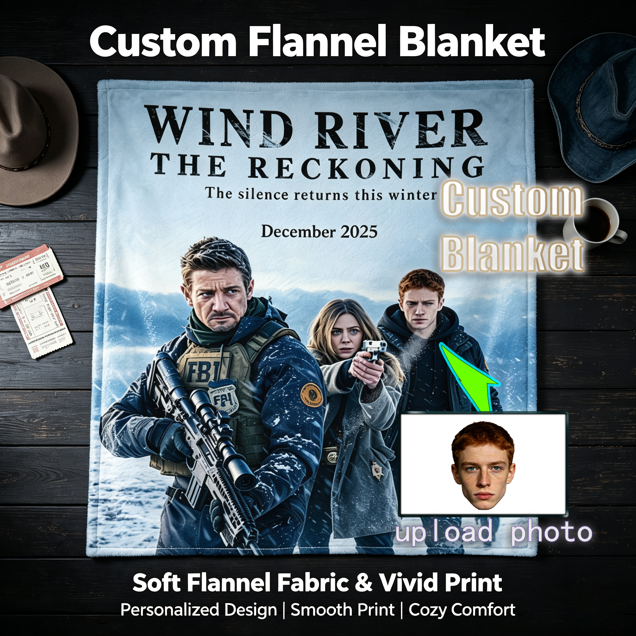 Custom Face Blanket Wind River The Reckoning Flannel Blanket Movie-Themed Gift for Fans Winter Home Decor or Cozy Gift Idea