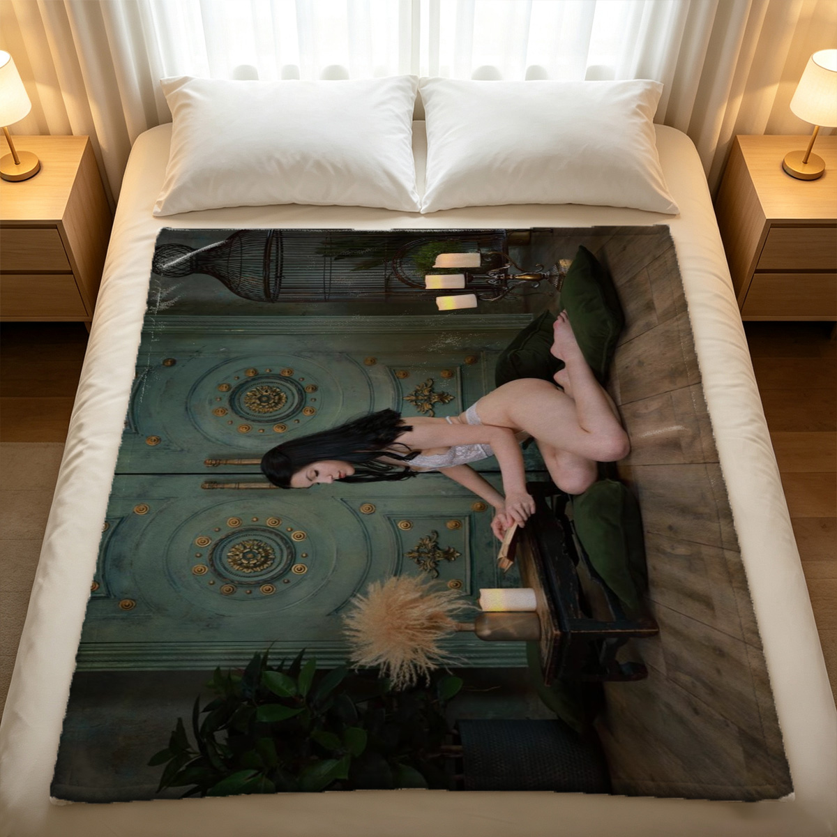 Pearl Thong Beauty on Orange Couch - Blanket