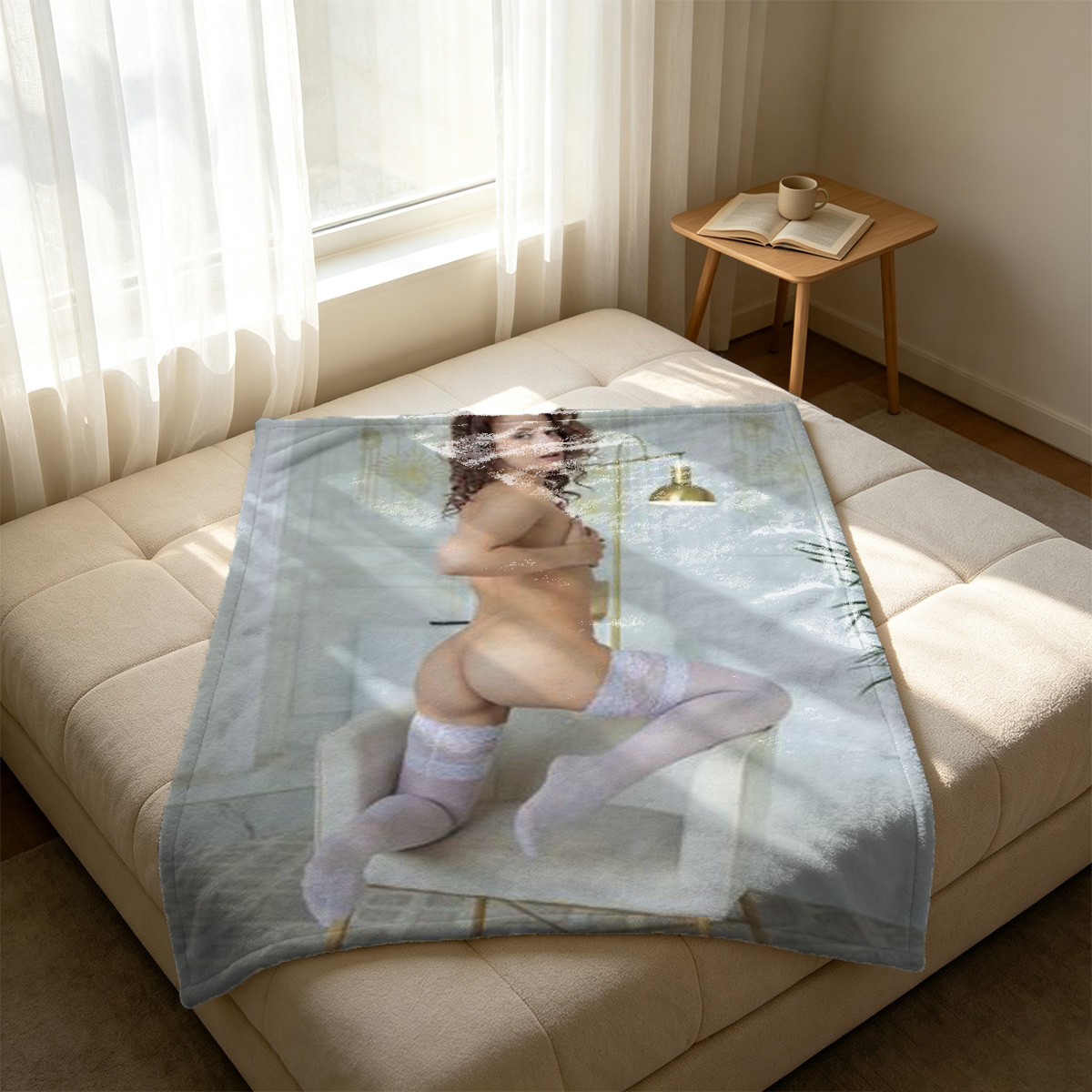 Two Celebrities in Lingerie and Floral Dress Embracing on Glass Table - Blanket
