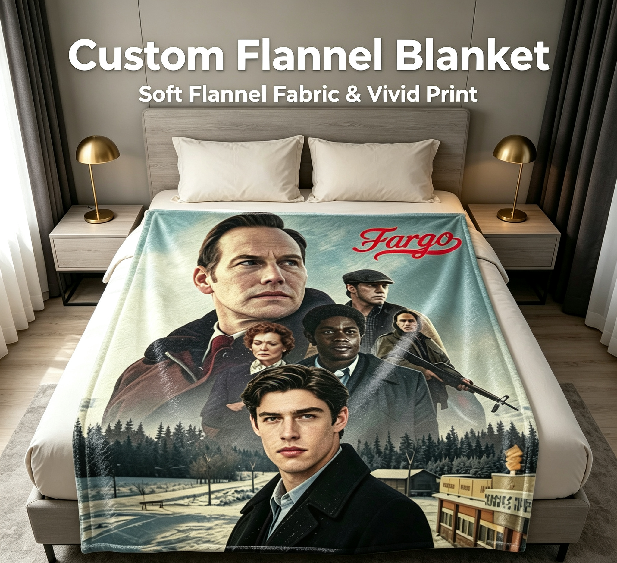 Custom Face Blanket Fargo Movie Characters Flannel Blanket Cozy Winter Gift for Fans and Collectors