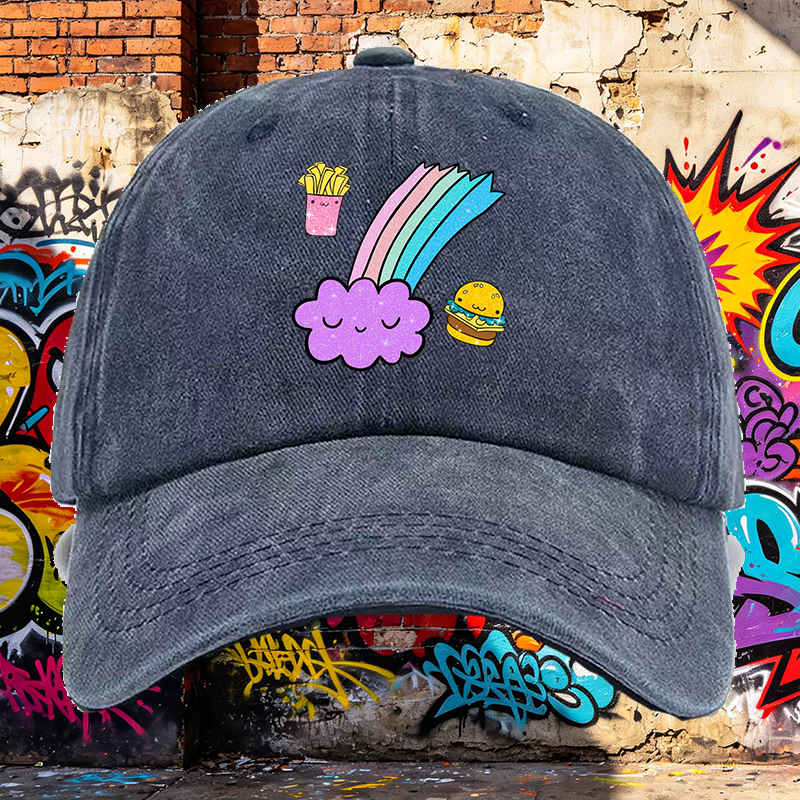 Men's Printed Washed Cap with Cute Rainbow Cloud, Fries and Burger Design - Casual Round Brim Summer Lightweight Hat for Outdoor Activities, Travel, and Daily Wear - Ideal for Young Adults and Trendy Urban Style Lovers