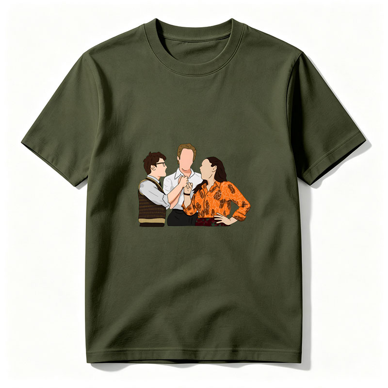 Three Characters in a Tense Interaction: Man in Vest, Central Figure, and Woman in Orange Shirt - Tee