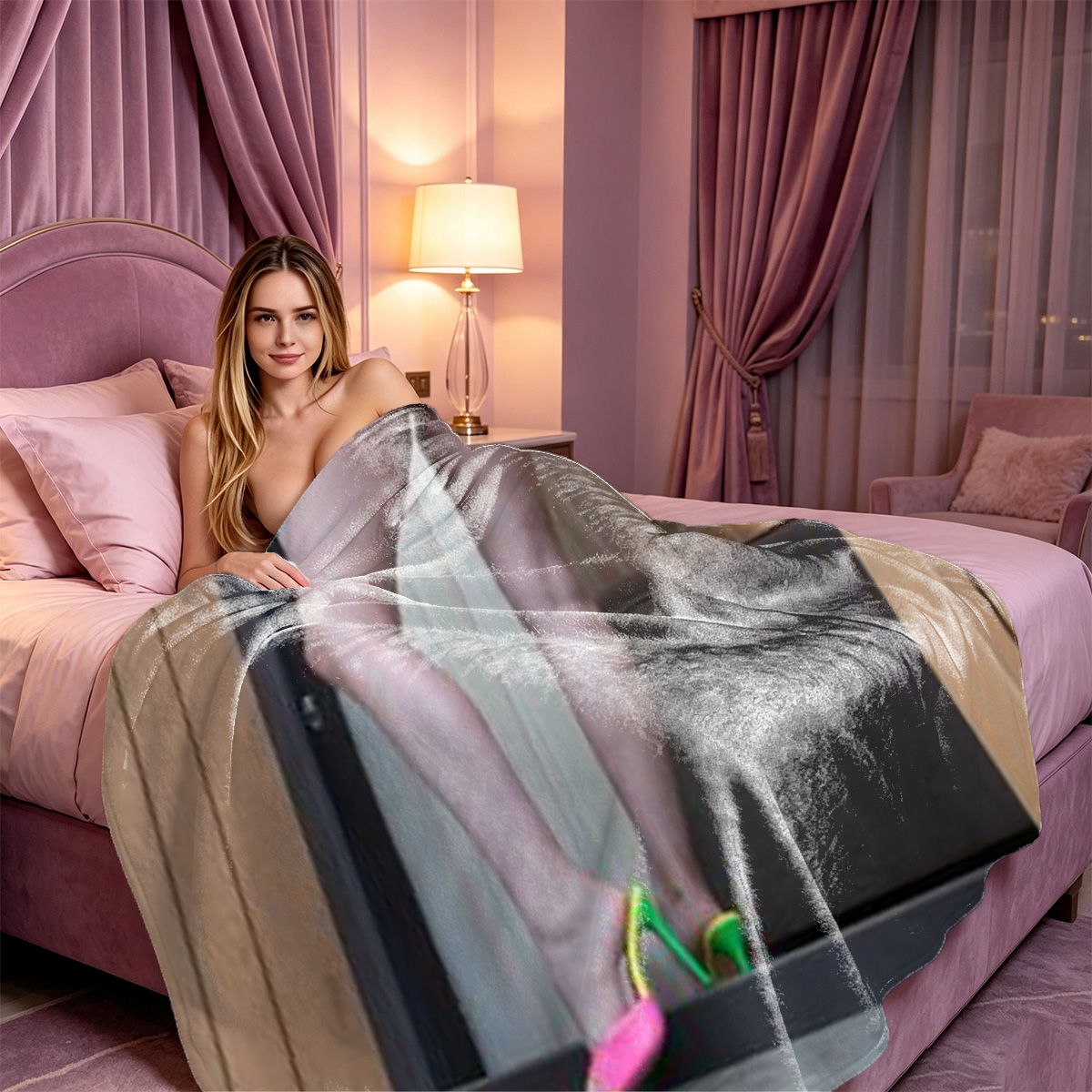 A young Asian woman in a black lace bra pulled down, sitting topless on a bed. - Blanket