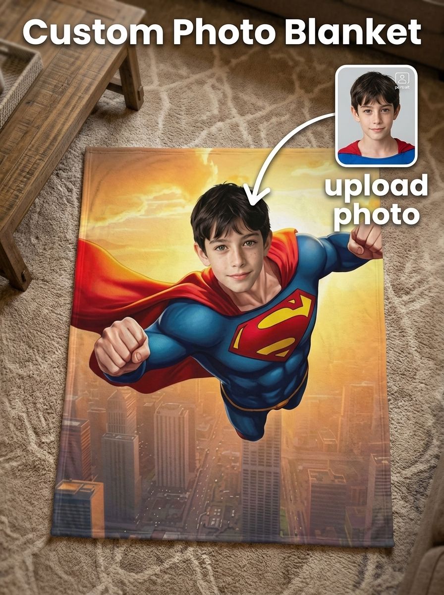 Custom Superhero Photo Face Fleece Blanket Personalized Soft Flannel Throw for Kids Adults Cozy Home Birthday Gift
