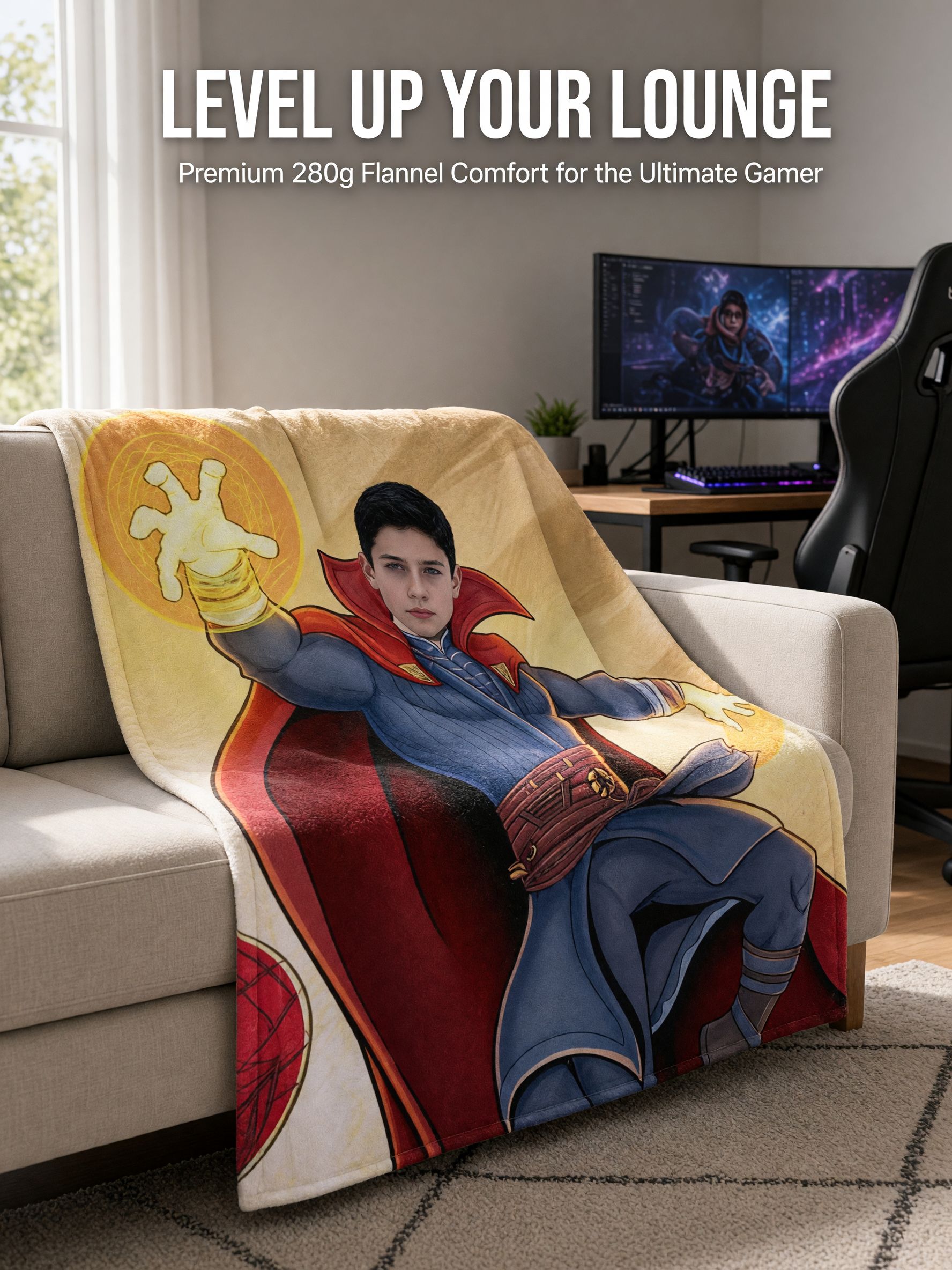 Custom Face Blanket Personalized Superhero Sorcerer Flannel Throw Ultra-Soft Anti-Pilling Cozy Gift for Kids and Adults