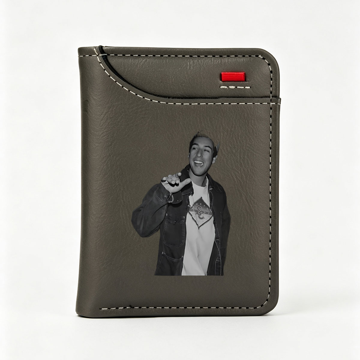 Man in Denim Jacket and T-Shirt Smiling with Hand Gesture - Vertical Style Wallet