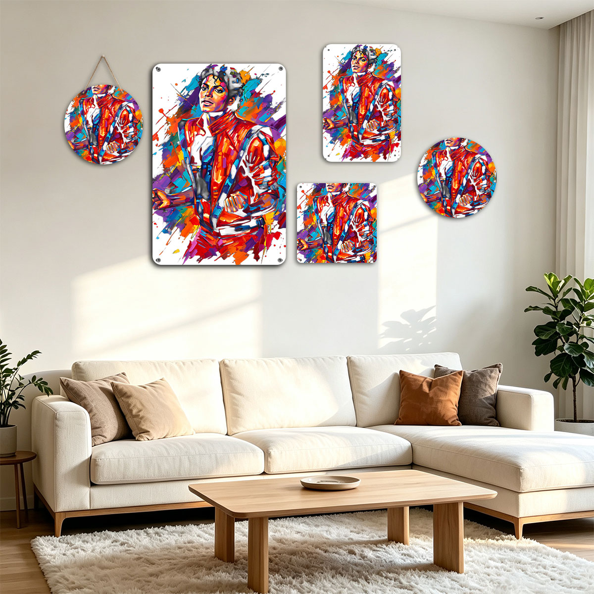 Michael Jackson in vibrant, dynamic art style, wearing iconic red jacket, set against colorful abstract background. - painting