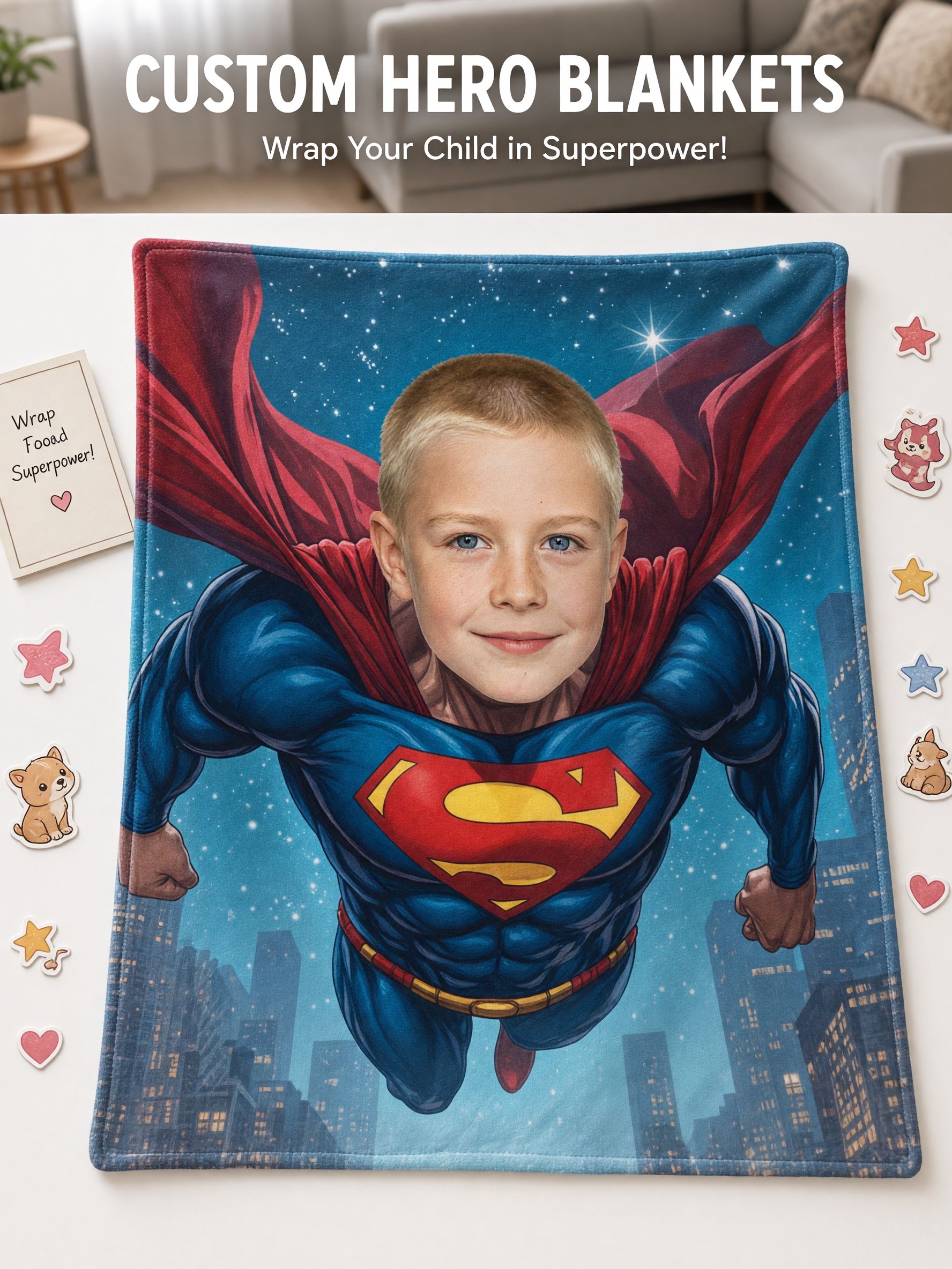 Custom Photo Superhero Flannel Fleece Blanket Personalized Face Throw for Bed Couch Ideal Cozy Birthday Gift for Kids