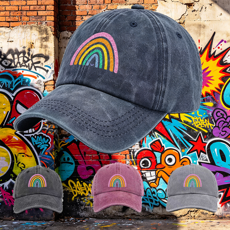 Men's Printed Washed Cap with Glitter Rainbow Heart Design - Casual Round Brim Summer Lightweight Cotton Hat for Outdoor Activities, Beach, Travel - Ideal for Young Adults and Trendy Men
