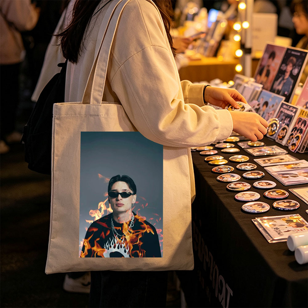 BTS Jungkook in Fiery Pose with Flames Surrounding Him - Canvas tote bags