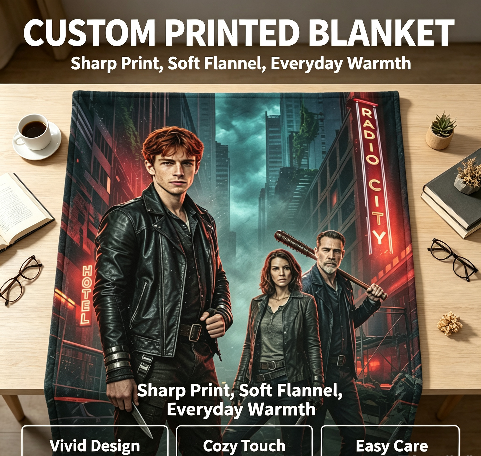 Custom Face Blanket The Walking Dead Dead City Season 3 Flannel Blanket for Fans and Collectors – Perfect Gift or Giveaway for TV Show Enthusiasts