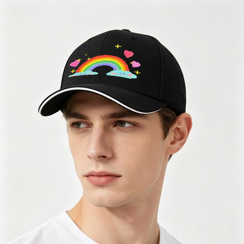 Unisex Classic Sandwich Hat with Rainbow Clouds and Hearts Print - Perfect for Casual Outings, Festivals, and Everyday Wear - Ideal for Teens and Young Adults Seeking Fun, Colorful Accessories
