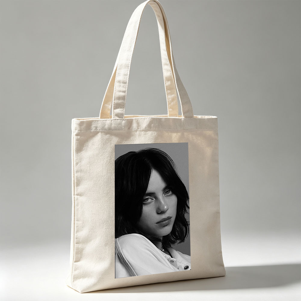 Billie Eilish in a Monochrome Portrait Wearing a White Shirt with a Delicate Necklace - Canvas tote bags