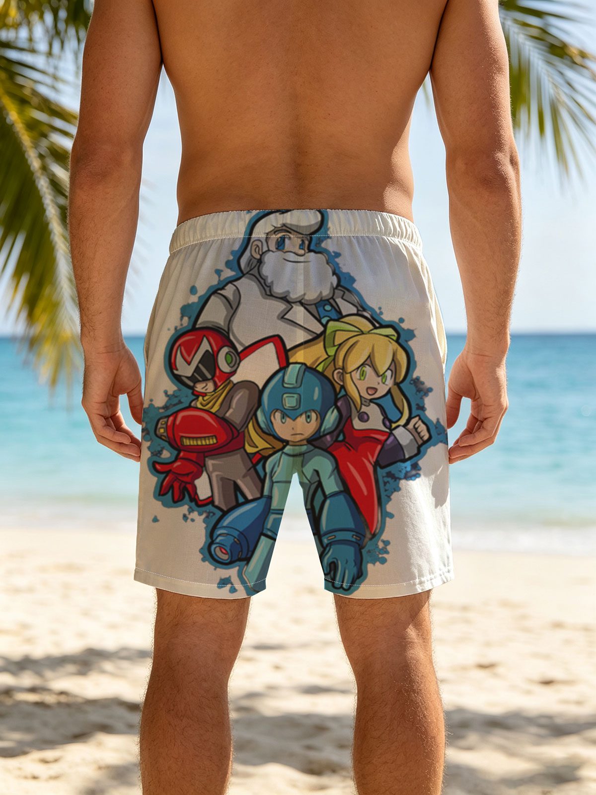 Mega Man, Roll, Dr. Light, and Bass from the Mega Man series -  Beach shorts