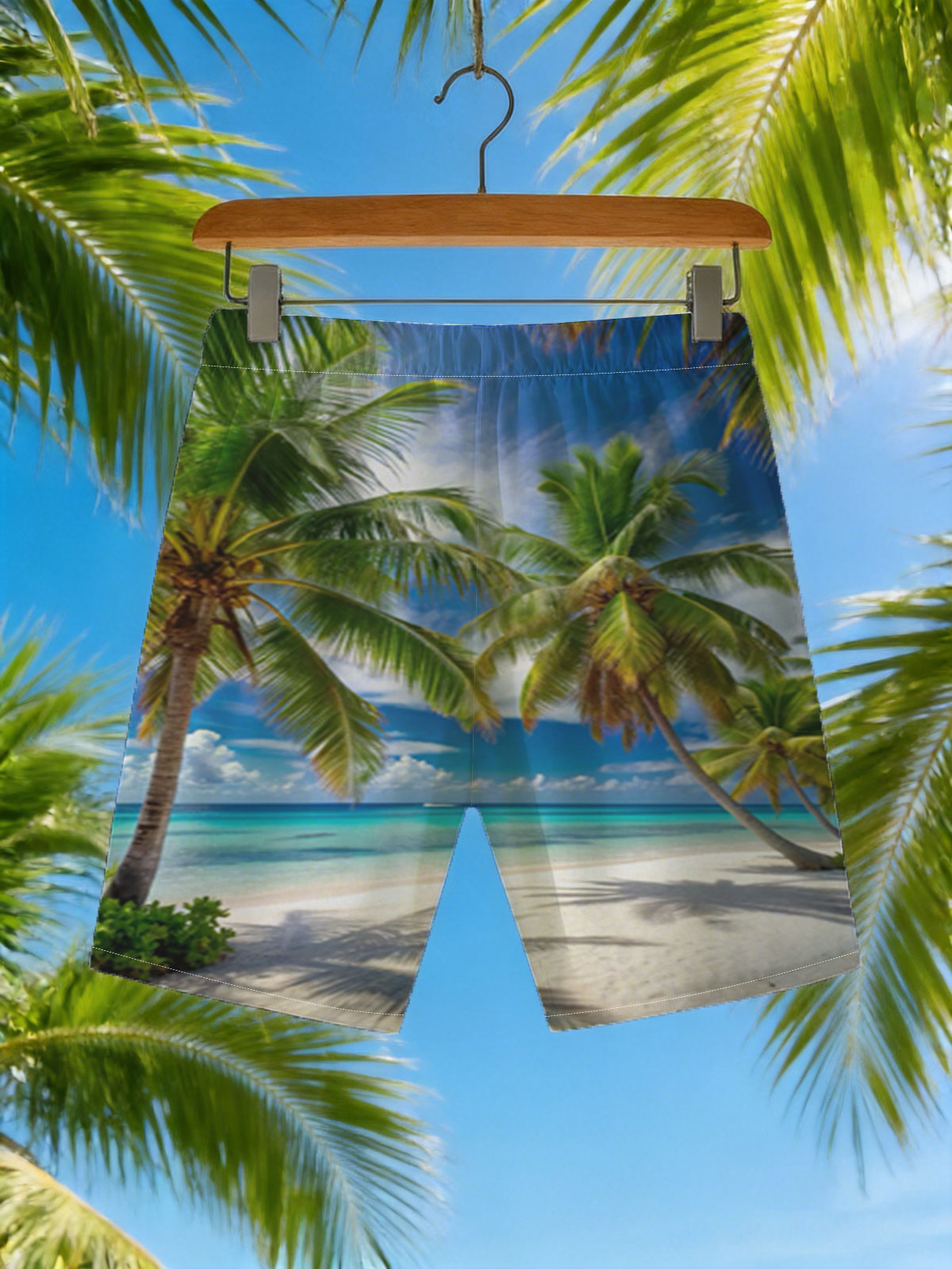 Tropical Beach with Palm Trees and Crystal Clear Water -  Beach shorts