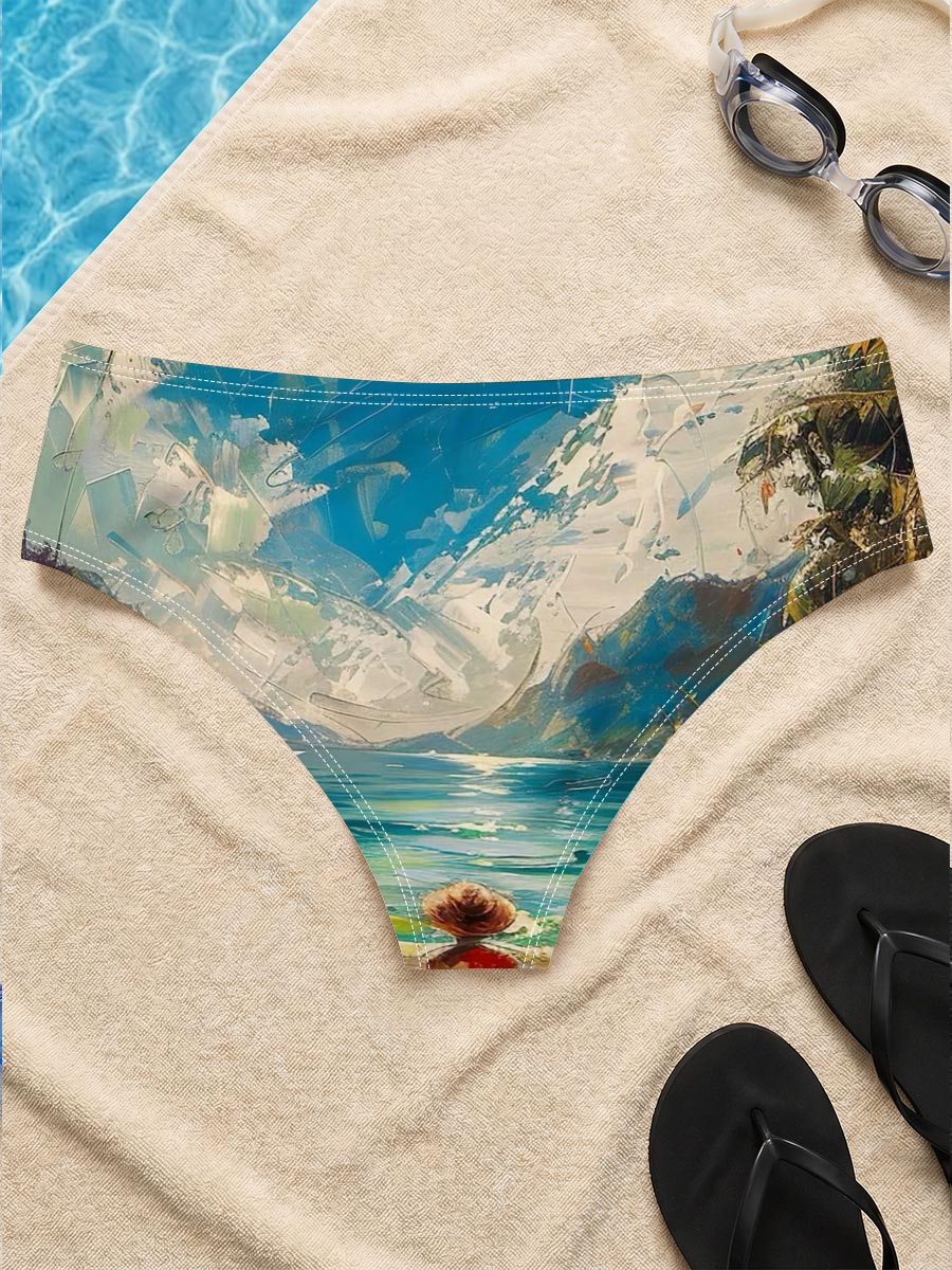 A woman walks on a tropical beach, framed by palm trees and turquoise waters under a vibrant sky. -  Men's swim trunks