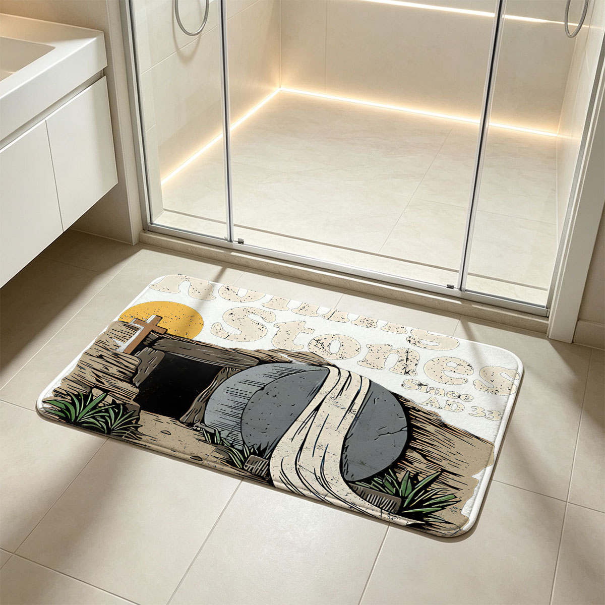Rolling Stones Since AD 33: Easter Tomb with Rolled Stone and Cross - Flannel floor mat