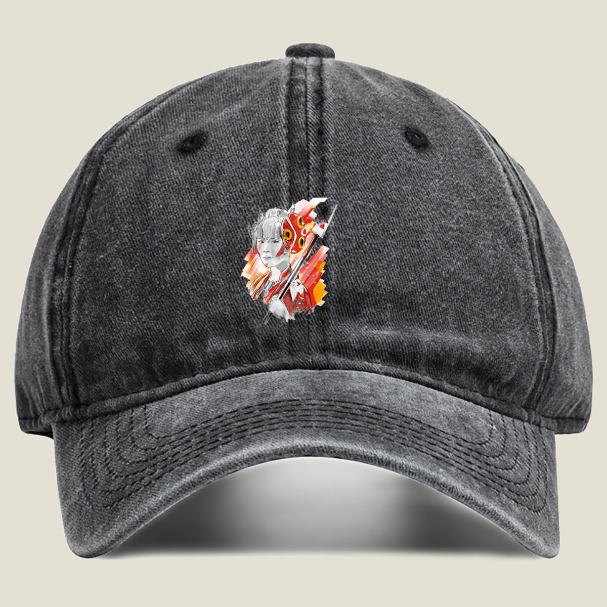Samurai Girl with Red Mask and Spear - Washed Denim - Baseball Cap
