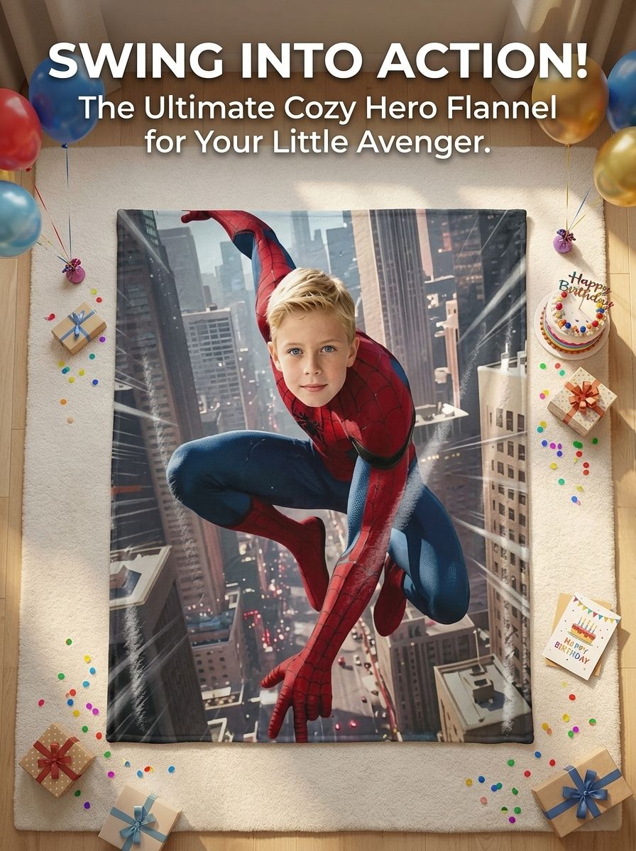 Custom Face Superhero Flannel Blanket Personalized Photo Soft Plush Throw for Kids Bed Couch Cozy Birthday Gift