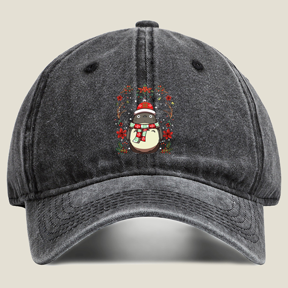 Totoro Christmas Holiday Design - Washed Denim - Baseball Cap