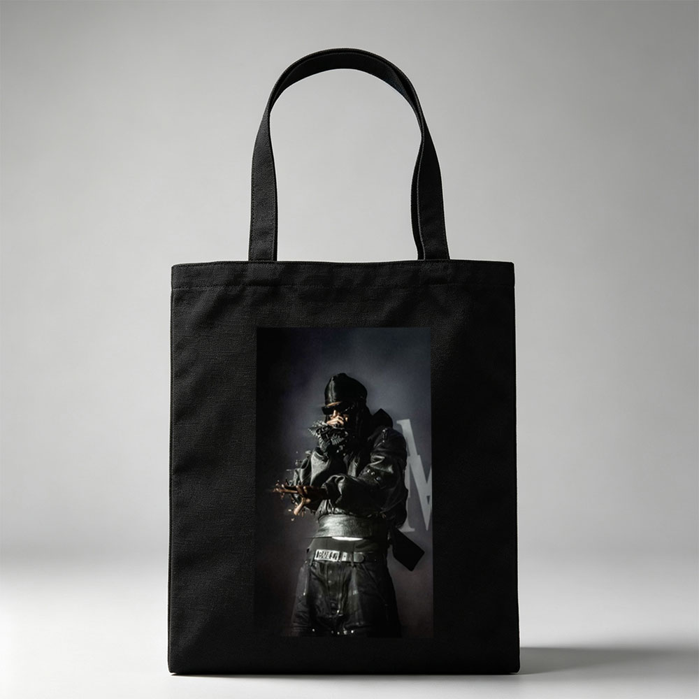 Migos in Performance: Rapper in All-Black Leather Outfit with Microphone on Stage - Canvas tote bags