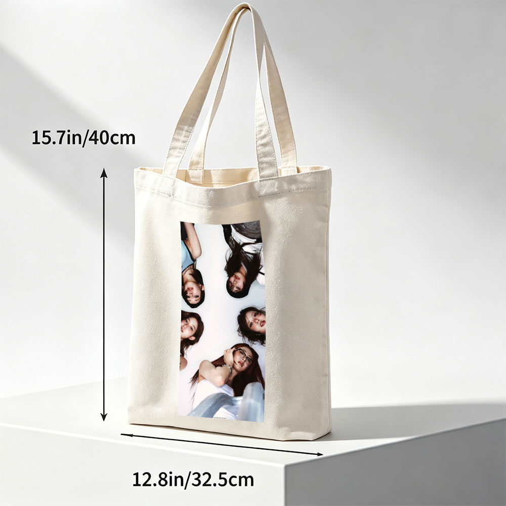 NewJeans Members Lying in a Circle on White Background with Expressive Poses and Fashionable Outfits - Canvas tote bags