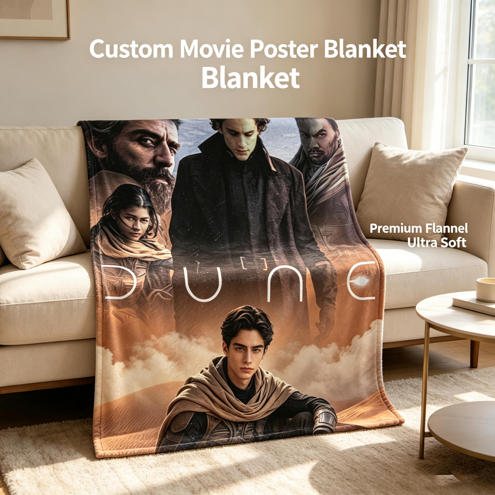 Custom Face Blanket Dune Movie Character Flannel Blanket for Desert Themed Bedroom Decor or Fan Gift Idea
