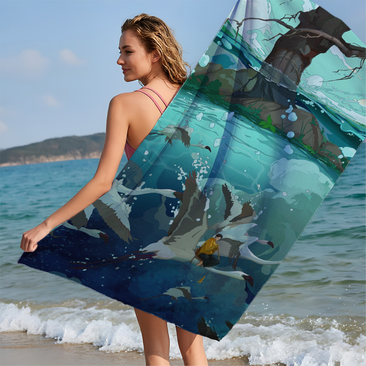 A boy rides a swan through a mystical underwater world beneath a giant tree. - Beach towels