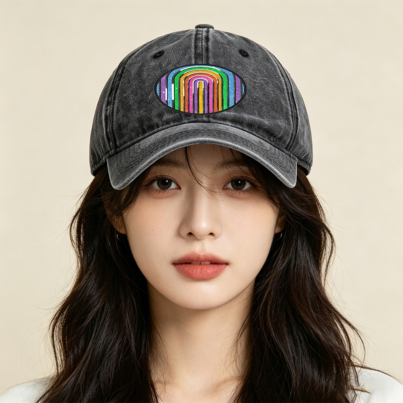 Unisex Classic Washed Cap with Glitter Rainbow Arc Patch Design – Perfect for Casual Outings, Music Festivals, and Everyday Wear – Ideal for Young Adults and Trend-Loving Individuals
