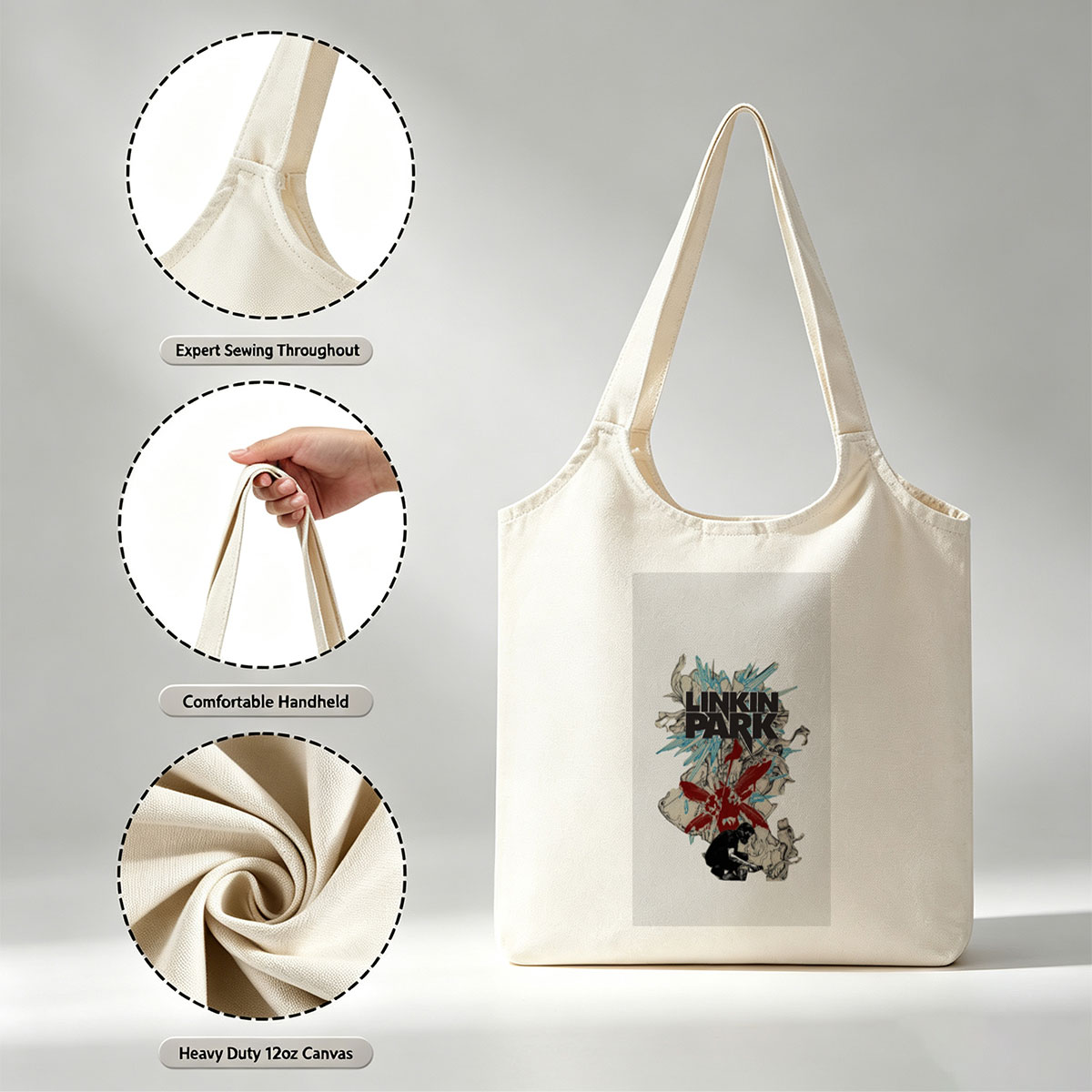 Linkin Park Band Artwork Featuring Abstract Design with Red and Blue Elements and a Figure in Contemplation - Canvas shoulder bags/