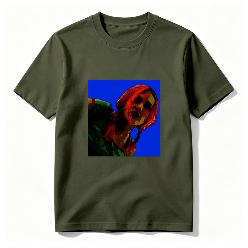 Red-Haired Woman in Green Top Against Blue Background - Tee