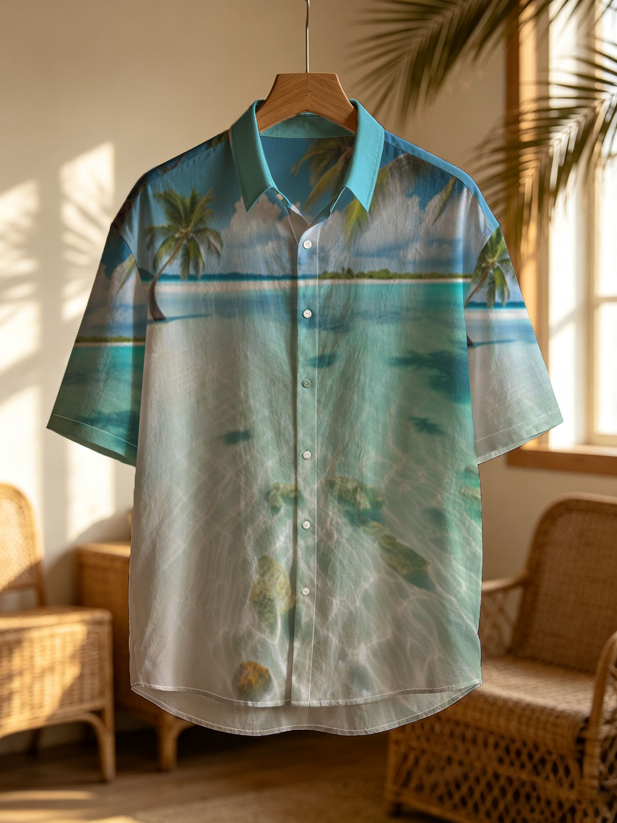 Serene tropical beach with crystal clear water and palm trees -  Shirt