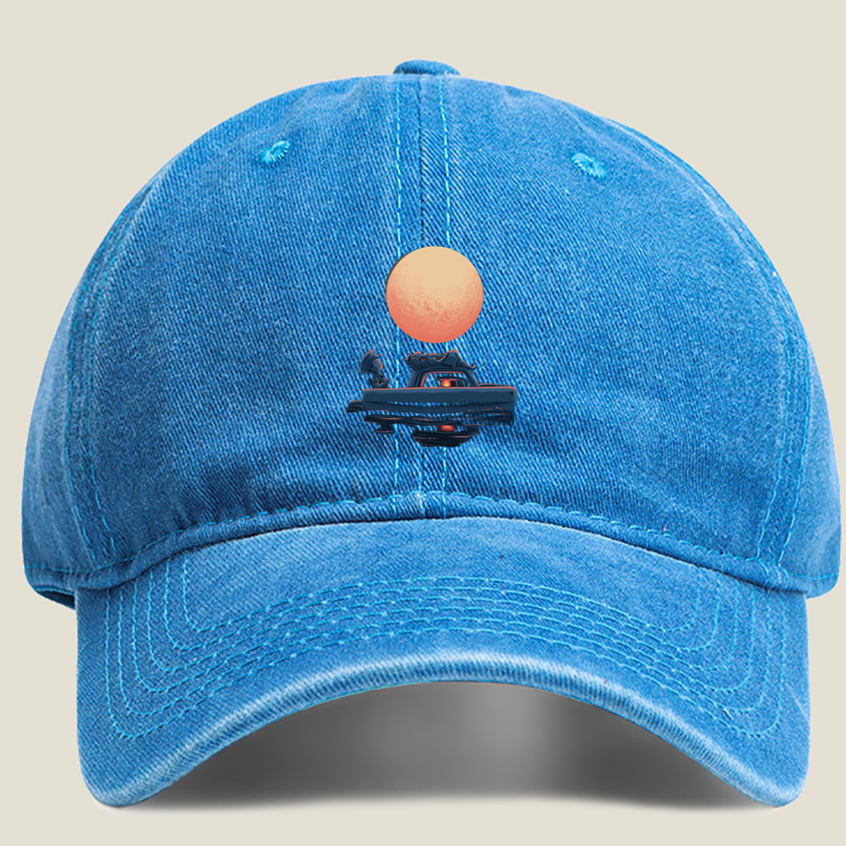 Mario and Bowser in a Boat Under the Moon - Washed Denim - Baseball Cap